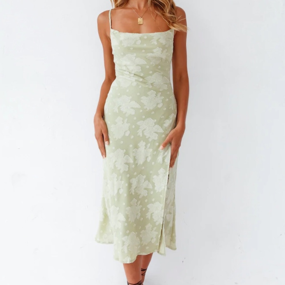 Floral Cowl Neck High Slit Slip Midi Dress - Sage Green